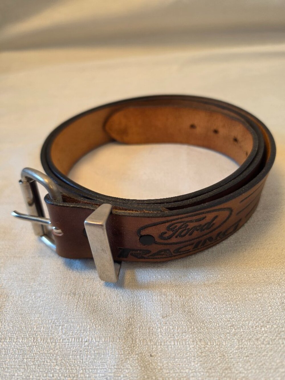 Hand-tooled Genuine Leather Ford Racing Belt with Silver Tone Buckle